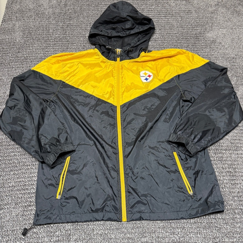 Pittsburgh‎ Steelers NFL Windbreaker Jacket Mens XL Black Yellow Hooded Full Zip